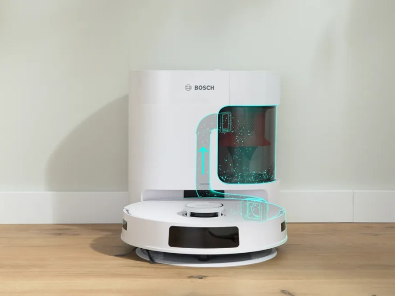 Dokovacia stanica vysávača Bosch Spotless+ BCRD1W automaticky odsáva nazbierané nečistoty.