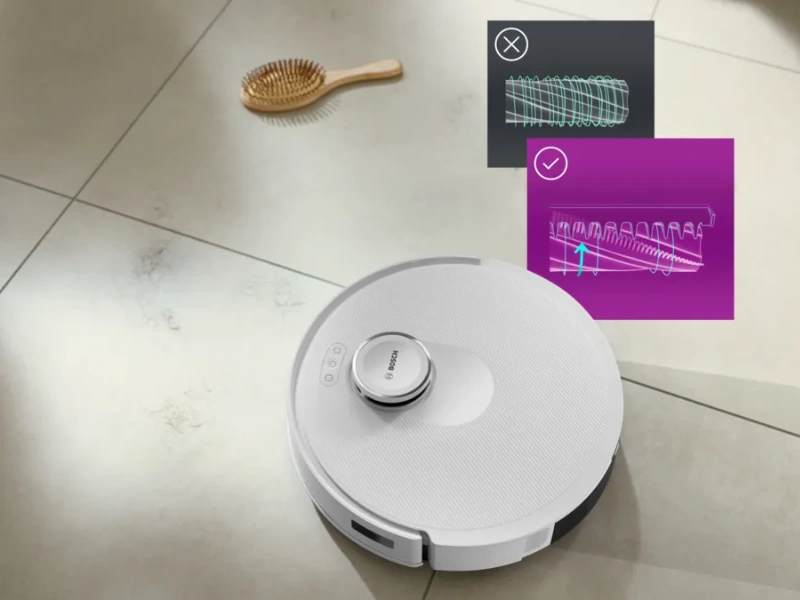 Vysávač Bosch Spotless Advanced+ BCRD2W vťahuje vlasy do nádoby a predchádza ich namotaniu.