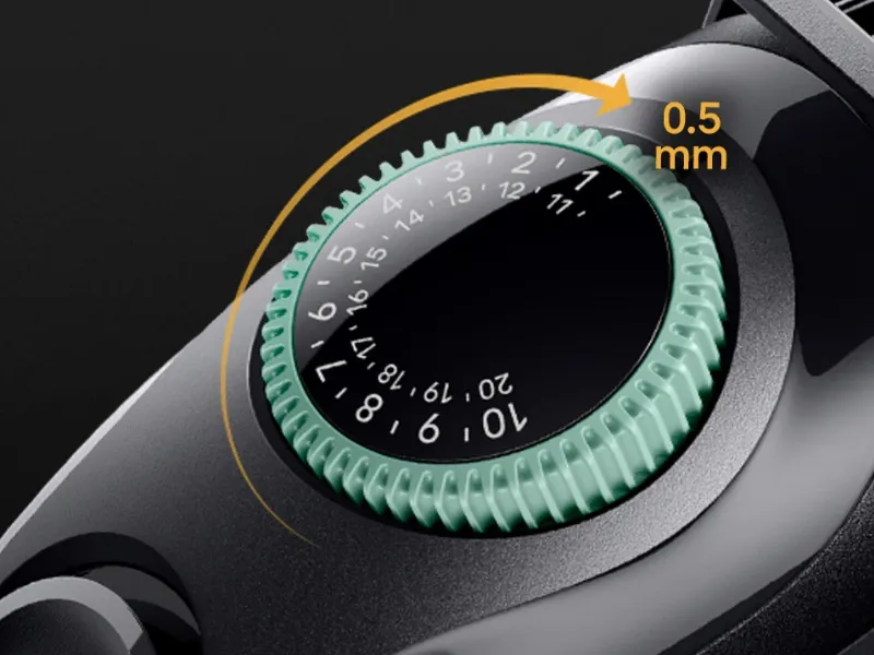 Pomocou otočného voliča na zastrihávači Braun BT3411 si môžete vybrať zo 40 nastavení dĺžky v presných krokoch po 0,5 mm.