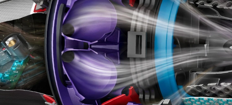 14 cyklónov vytvára odstredivé sily až do 100 000 g, ktoré zachytávajú prach a nečistoty z prúdu vzduchu, takže nedochádza k žiadnej strate sania vysávača Dyson Gen5detect™ Absolute.