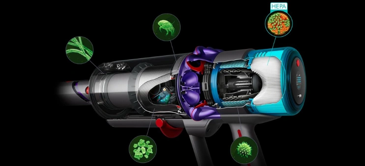 Dokonale utesnený filtračný systém Dyson zachytáva 99,99 % mikroskopických častíc a alergénov už od veľkosti 0,1 mikrometra, vďaka čomu vysávač Dyson Gen5detect™ Absolute vypúšťa čistejší vzduch.