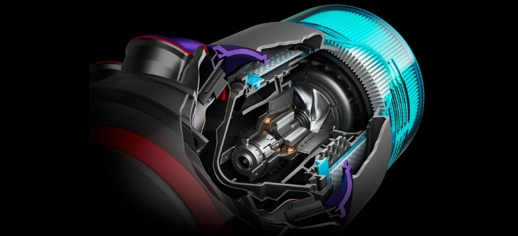 Výkonný ľahký digitálny motor vysávača Dyson Gen5detect™ Absolute dosahuje až 135 000 otáčok za minútu na nekompromisné vysávanie mikroskopického prachu a väčších nečistôt.