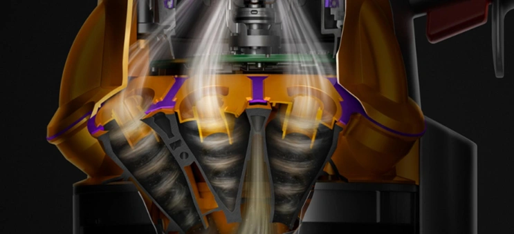 14 cyklónov vytvára odstredivé sily až do 100 000 g, ktoré zachytávajú prach a nečistoty z prúdu vzduchu, takže nedochádza k žiadnej strate sania vysávača Dyson V15™ Detect Absolute.