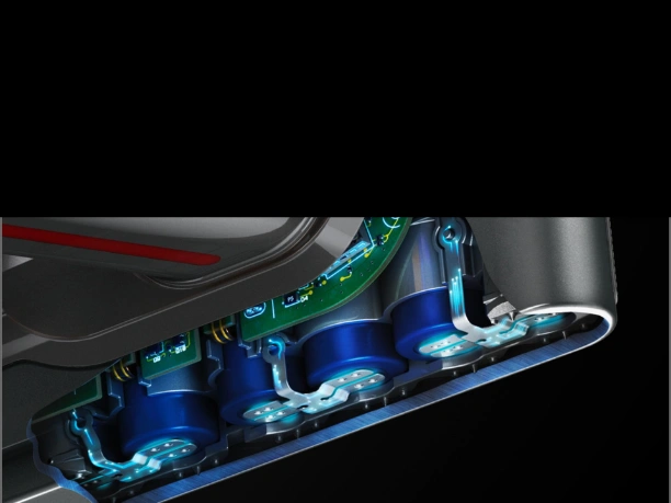 Výkonná 7-článková batéria vysávača Dyson V12™ Detect Slim Absolute, vystačí až na 60 minút nepretržitej práce.