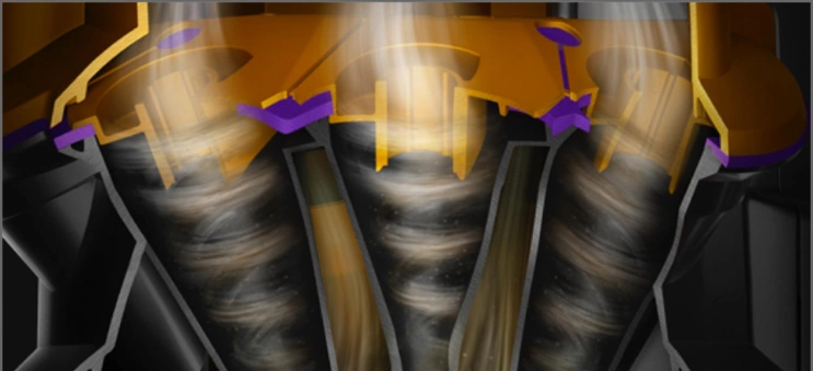 11 cyklónov vytvára odstredivé sily až do 100 000 g, ktoré zachytávajú prach a nečistoty z prúdu vzduchu, takže nedochádza k žiadnej strate sania vysávača Dyson V12™ Detect Slim Absolute.