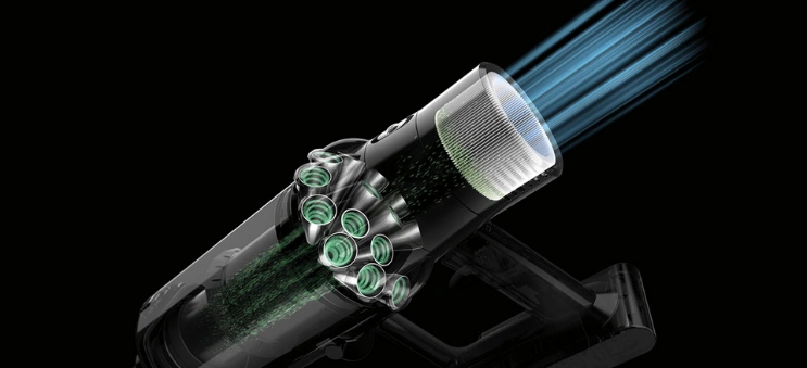 Dokonale utesnený filtračný systém Dyson zachytáva 99,99 % mikroskopických častíc a alergénov už od veľkosti 0,3 mikrometra, vďaka čomu vysávač Dyson Dyson Cyclone V10™ Absolute vypúšťa čistejší vzduch.