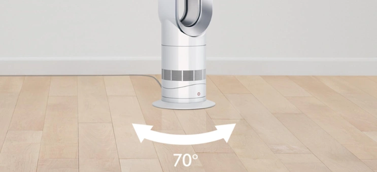 Ventilátor Dyson Hot+Cool™ AM09 sa plynulo otáča v rozsahu až 70°, čím zabezpečuje rovnomerné premiešanie a cirkuláciu teplého alebo chladného vzduchu v miestnosti.