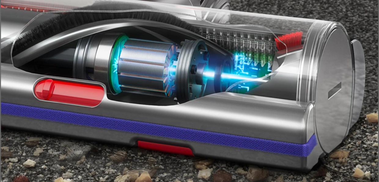 Podlahová hubica Motorbar™ s integrovanými zubami automaticky odstraňuje zamotané vlasy z kefy vysávača Dyson V15™ Detect Absolute a pomocou technológie Dyson DLS™ si upraví výkon podľa typu podlahy.