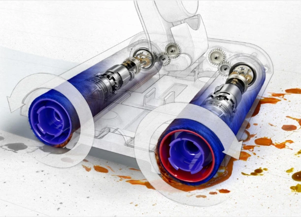 Dva motorizované valce čističa Dyson WashG1™ spoľahlivo odstraňujú tekuté i tuhé nečistoty, vlasy, srsť a zaschnuté škvrny.