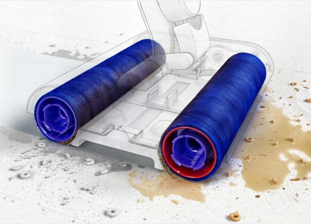 Čistiace valce čističa Dyson WashG1™ sú z mirkovlákna, ktoré obsahuje 64 800 vláken na cm², takže ponúkajú požadovanú absorpciu na dokonale vyčistenie povrchu.