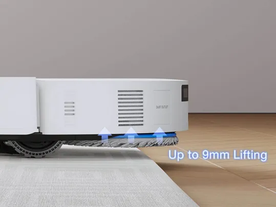 Vždy keď vďaka technológii AutoLift vysávač DEEBOT T50 PRO OMNI deteguje koberece, dvihne rotujúce mopy, aby zabranil ich namočeniu alebo znečisteniu.