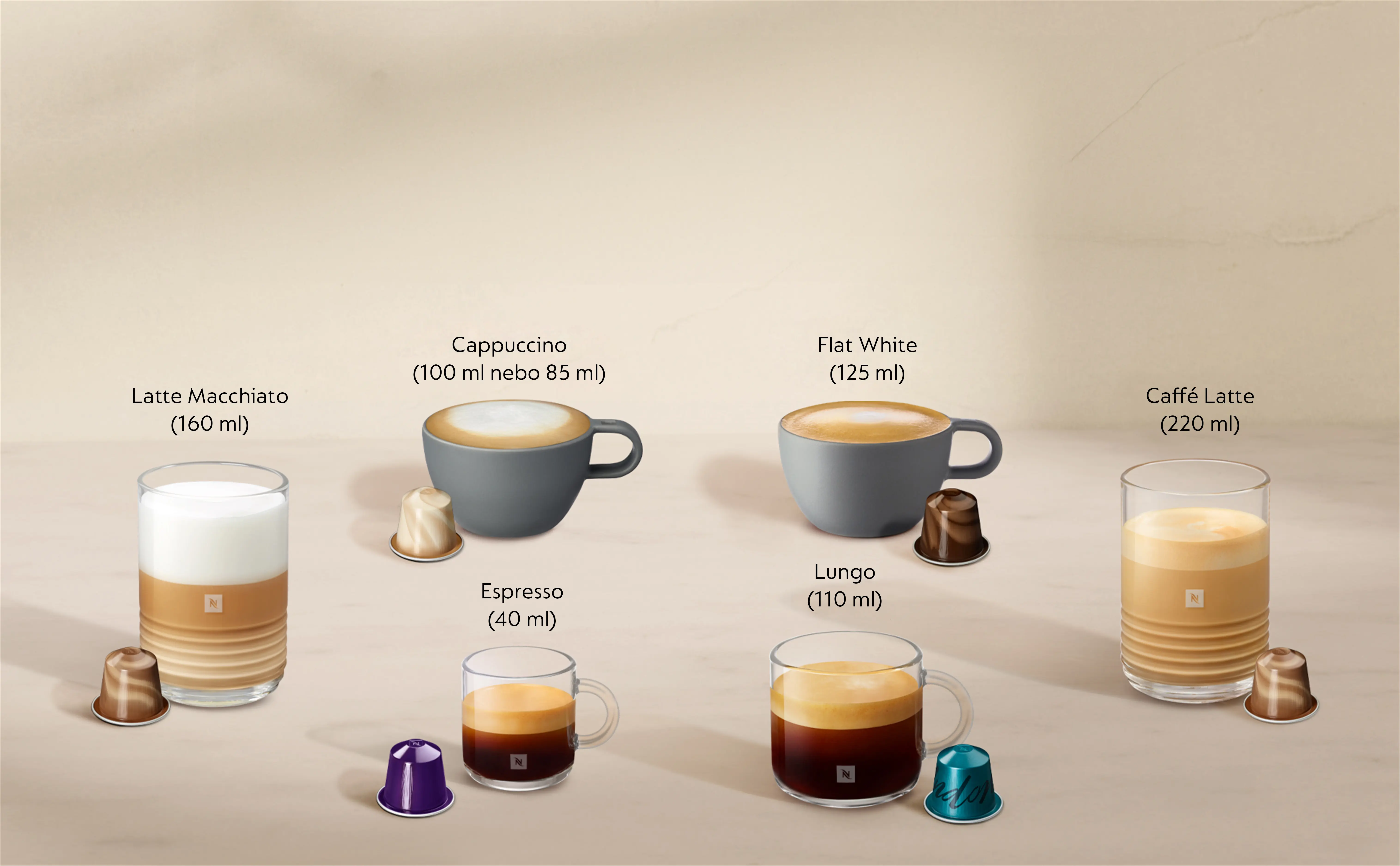 K&aacute;vovar Nespresso Vertuo Next nab&iacute;z&iacute; až 7 různ&yacute;ch velikost&iacute; &scaron;&aacute;lků