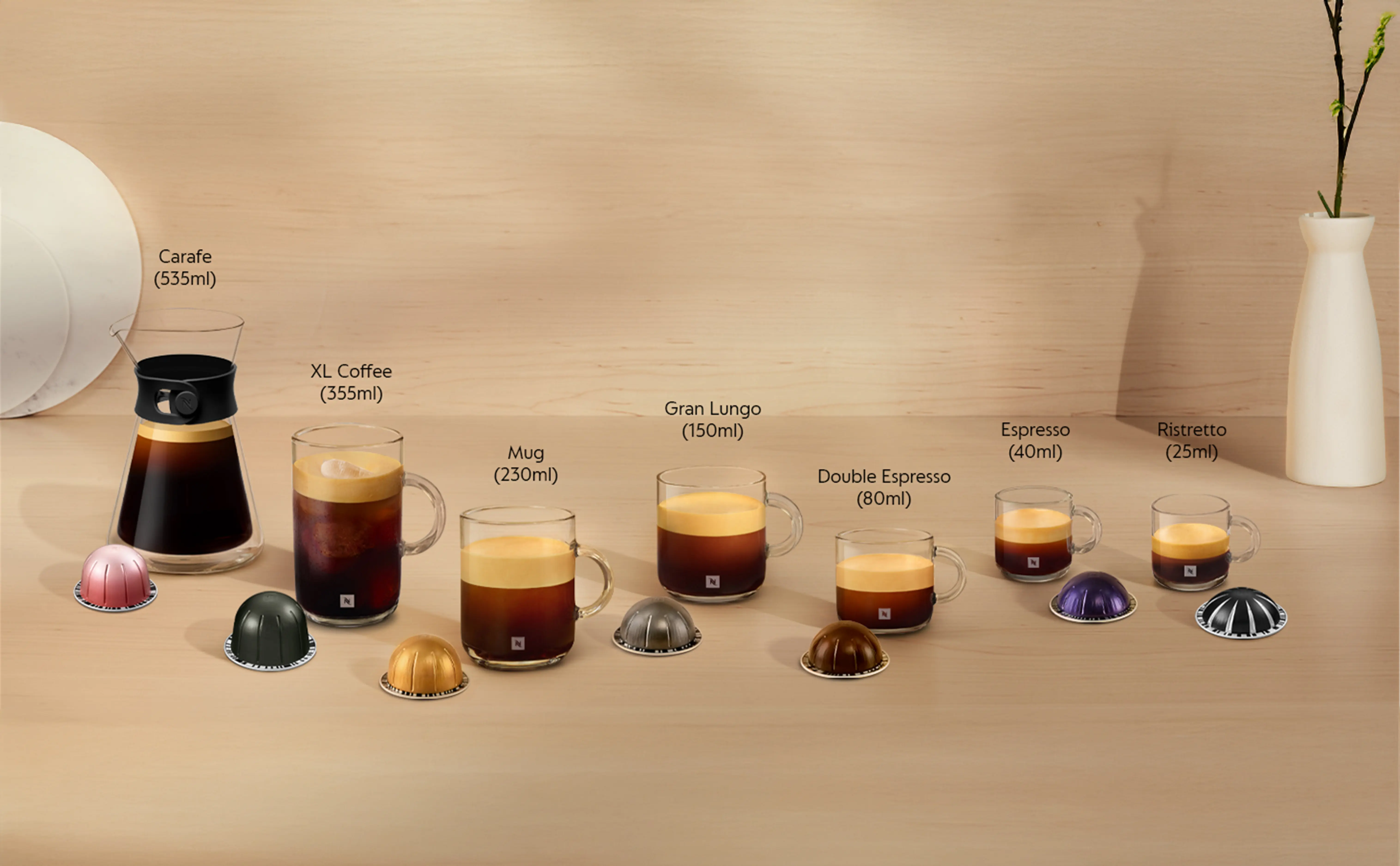K&aacute;vovar Nespresso Vertuo Next nab&iacute;z&iacute; až 7 různ&yacute;ch velikost&iacute; &scaron;&aacute;lků.