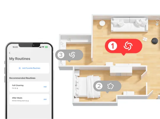 Nastavte čas, režim čistenia a miestnosti, ktoré chcete upratať - o zvyšok sa automaticky postará vysávač Q5 Pro.