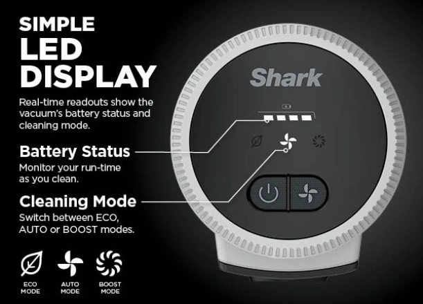 LED displej vysávača Shark BU1120EU vám poskytne prehľad o stave batérie aj o sacom výkone.