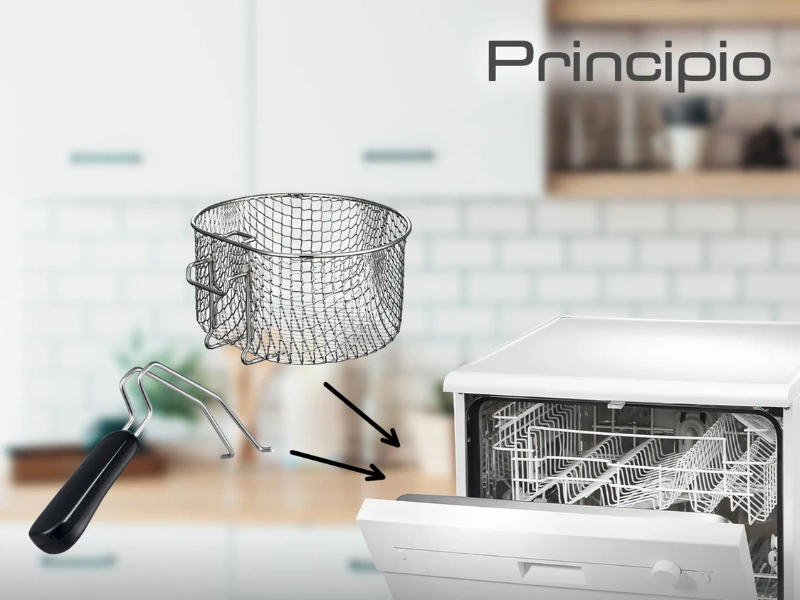 Frit&eacute;za Tefal Principio FF230831 sa čist&iacute; takmer sama jej k&ocirc;&scaron; s rukov&auml;ťou jednoducho vlož&iacute;te do um&yacute;vačky riadu.