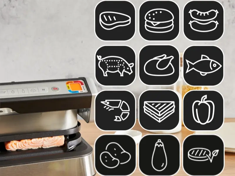 Gril Tefal GC782D30 OptiGrill disponuje 12 automatick&yacute;mi programami.