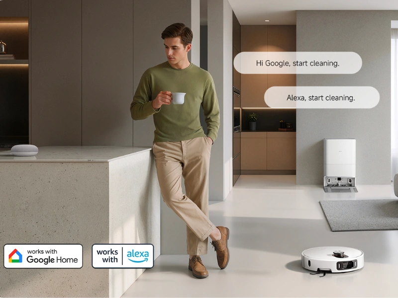 Stačí vysloviť príkaz cez Amazon Alexa alebo Google Asistenta a vysávač Xiaomi Robot Vacuum 5 Pro sa pustí do upratovania.