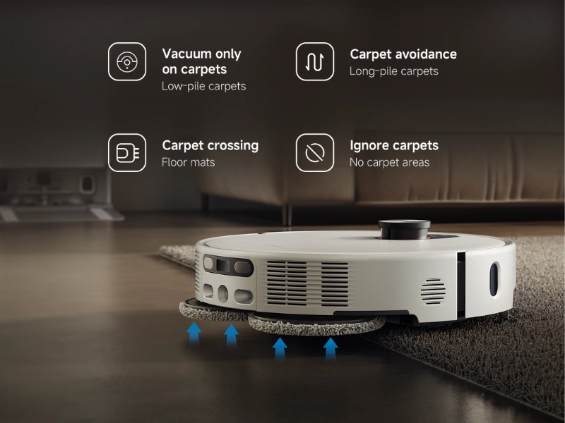 Vysávač Xiaomi Robot Vacuum 5 Pro pri detekcii kobercov automaticky dvihne mopy o 15 mm.