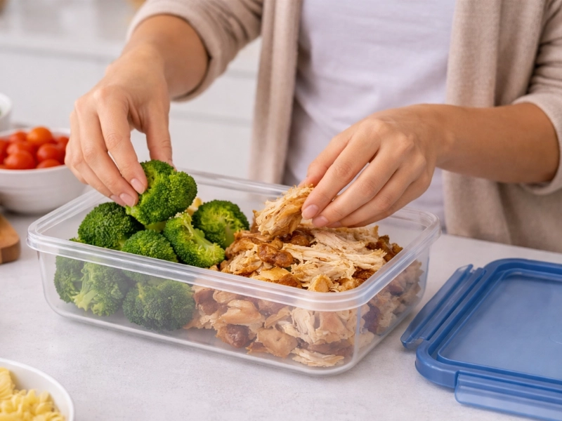 Žena odklad&aacute; m&auml;so a brokolicu do d&oacute;zy Tefal MasterSeal Eco