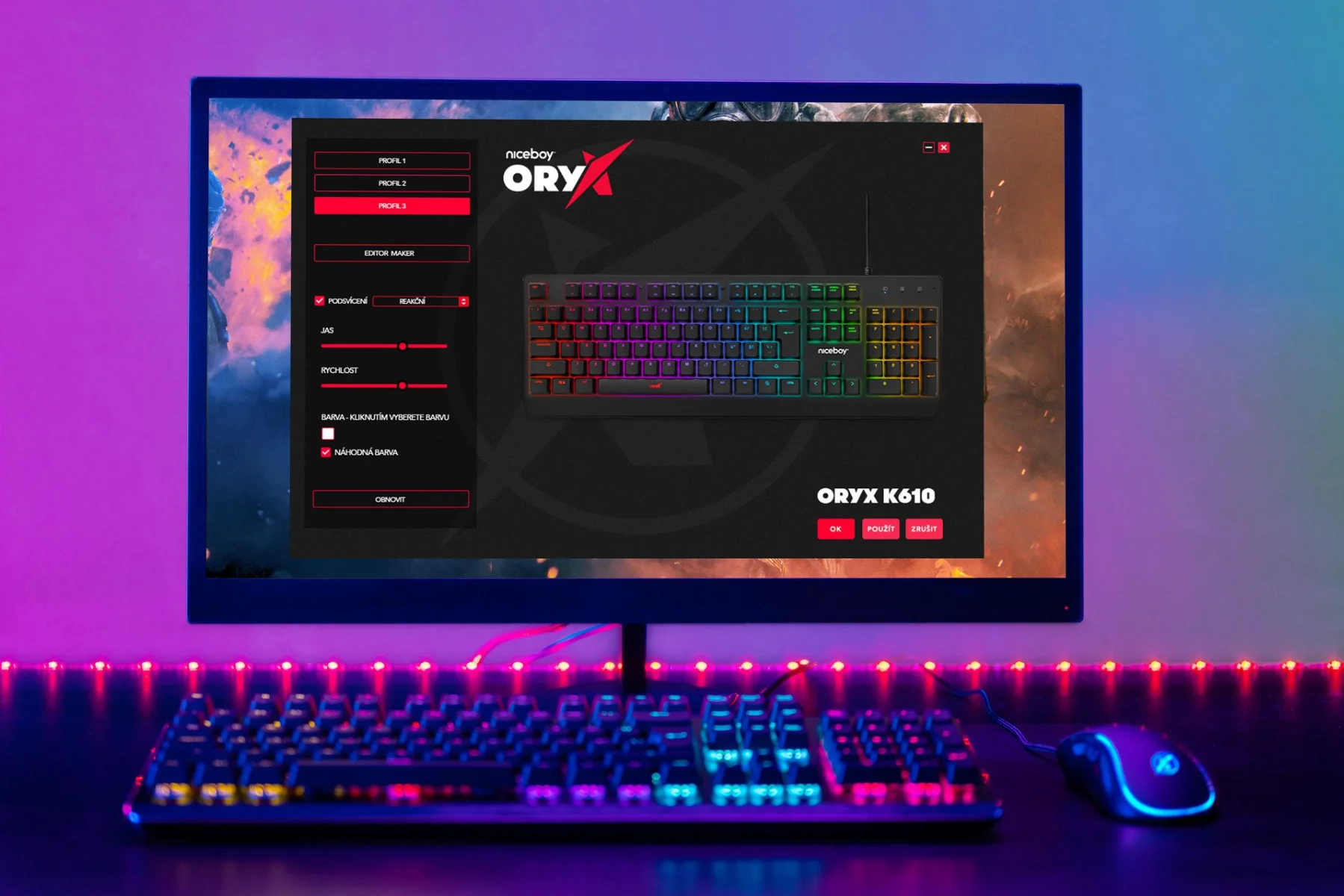 Mechanická herná klávesnica Niceboy ORYX K610 Chameleon makra oryx software