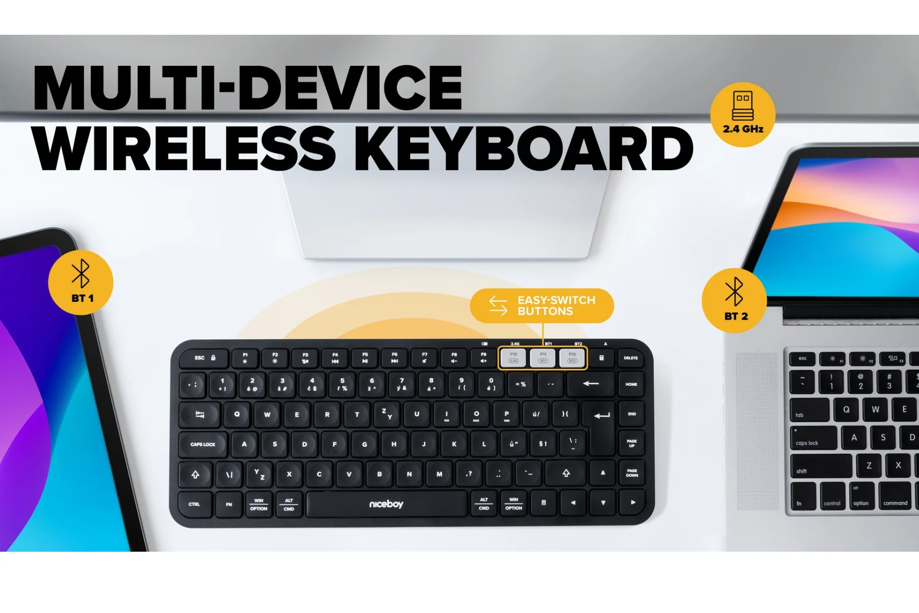 Bezdrôtová klávesnica Niceboy OFFICE K30X BT pripojenie k trom zariadeniam naraz