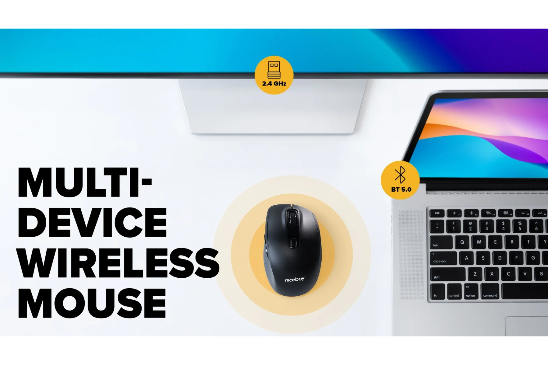 Bezdrôtová myš Niceboy OFFICE M30 BT prepinanie medzi dvoma zariadeniami