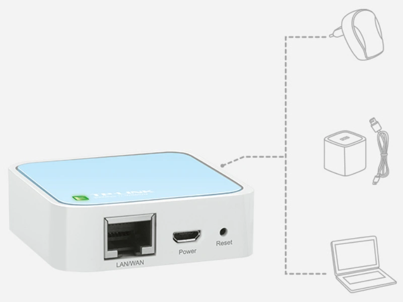 Router TL-WR802N m&ocirc;že byť nap&aacute;jan&yacute; extern&yacute;m adapt&eacute;rom alebo z poč&iacute;tača pripojen&eacute;ho pomocou USB.