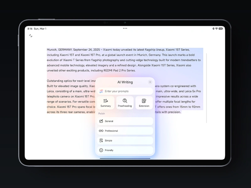 Tablet Xiaomi Pad 8 disponuje funkciou AI Writing