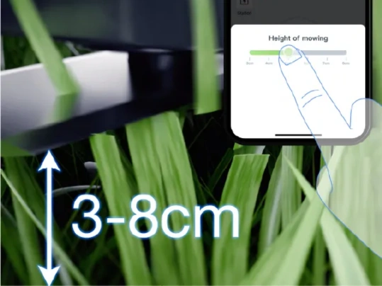 V&yacute;&scaron;ku kosenia kosačky Goat O1200 LiDAR PRO od 3 do 8 cm si nastav&iacute;te elektronicky, jednoducho a presne (v 0,5 cm krokoch) &ndash; jedn&yacute;m potiahnut&iacute;m prsta v mobilnej aplik&aacute;cii.