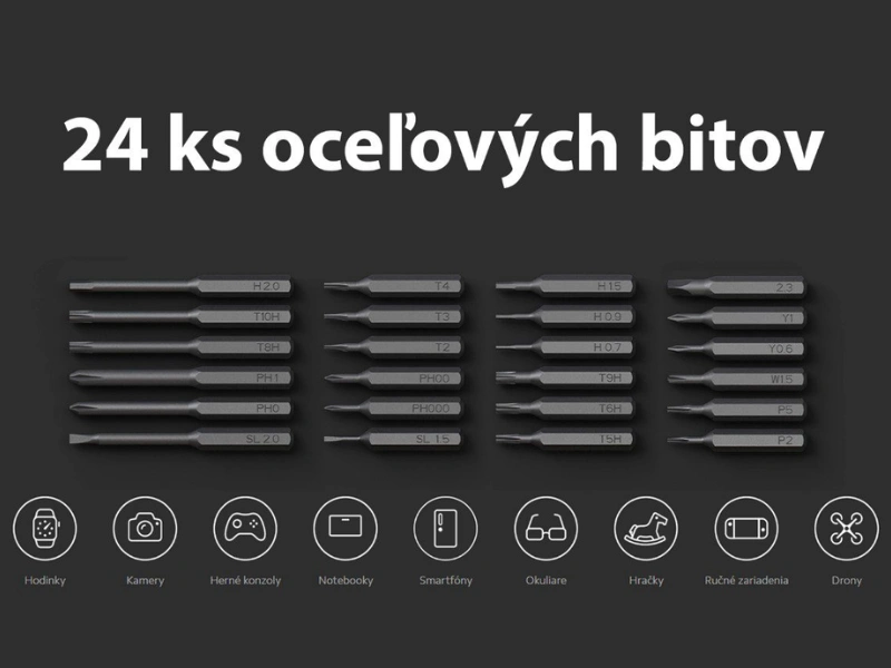 Sada Xiaomi Screwdriver Kit obsahuje 24 odolných S2 bitov.