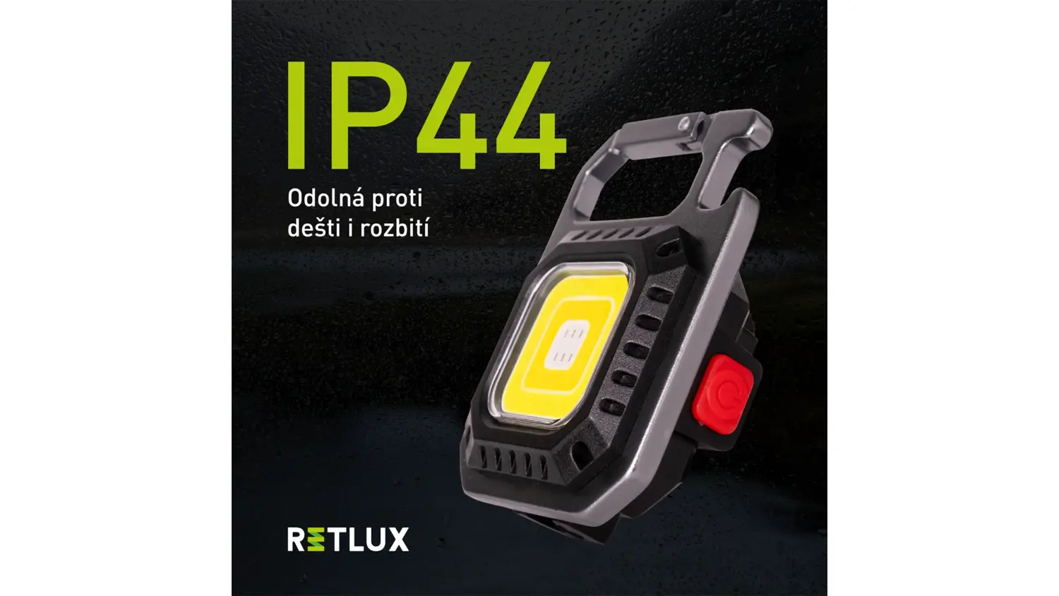 LED svítilna s karabinou Retlux RPL 602 na oroseném pozadí