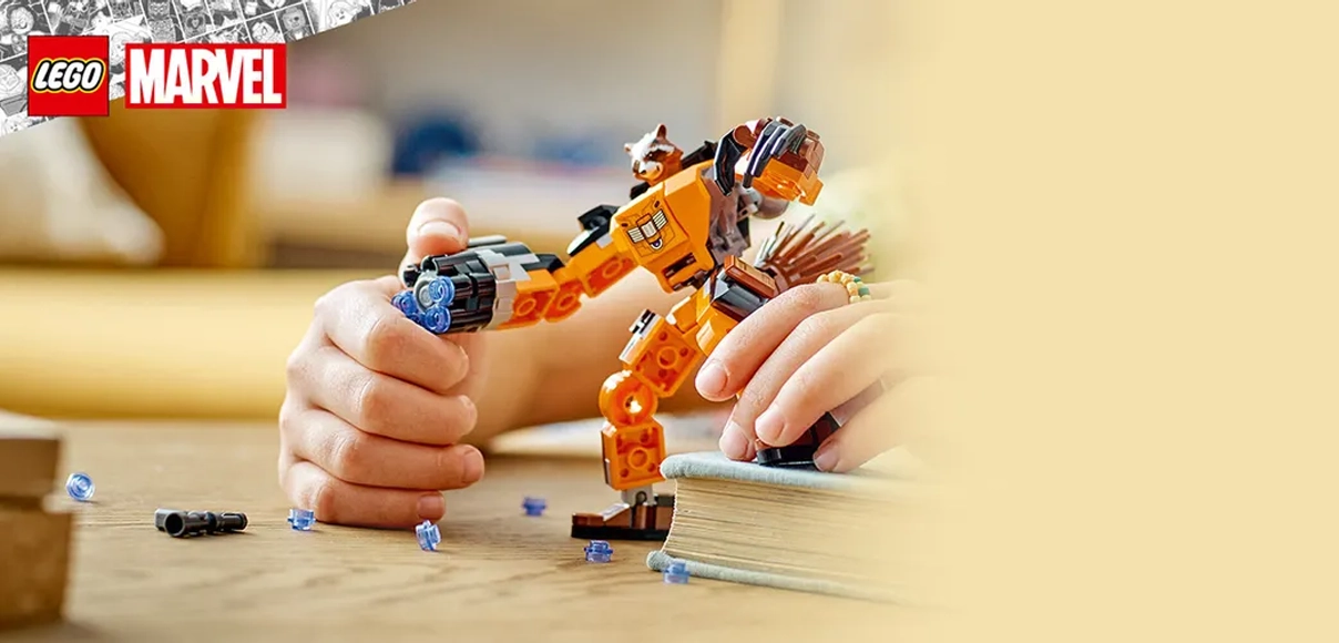 Hero Lego Marvel Rocket v robotickom brnení.