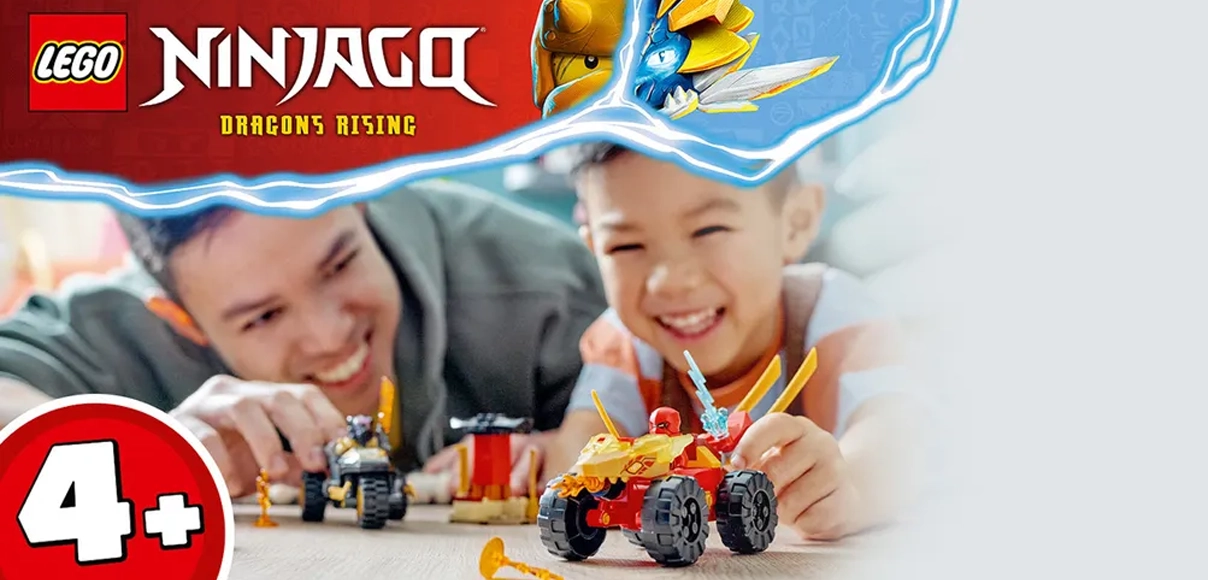 Hero Lego Ninjago Kai a Ras v súboji auta s motorkou.