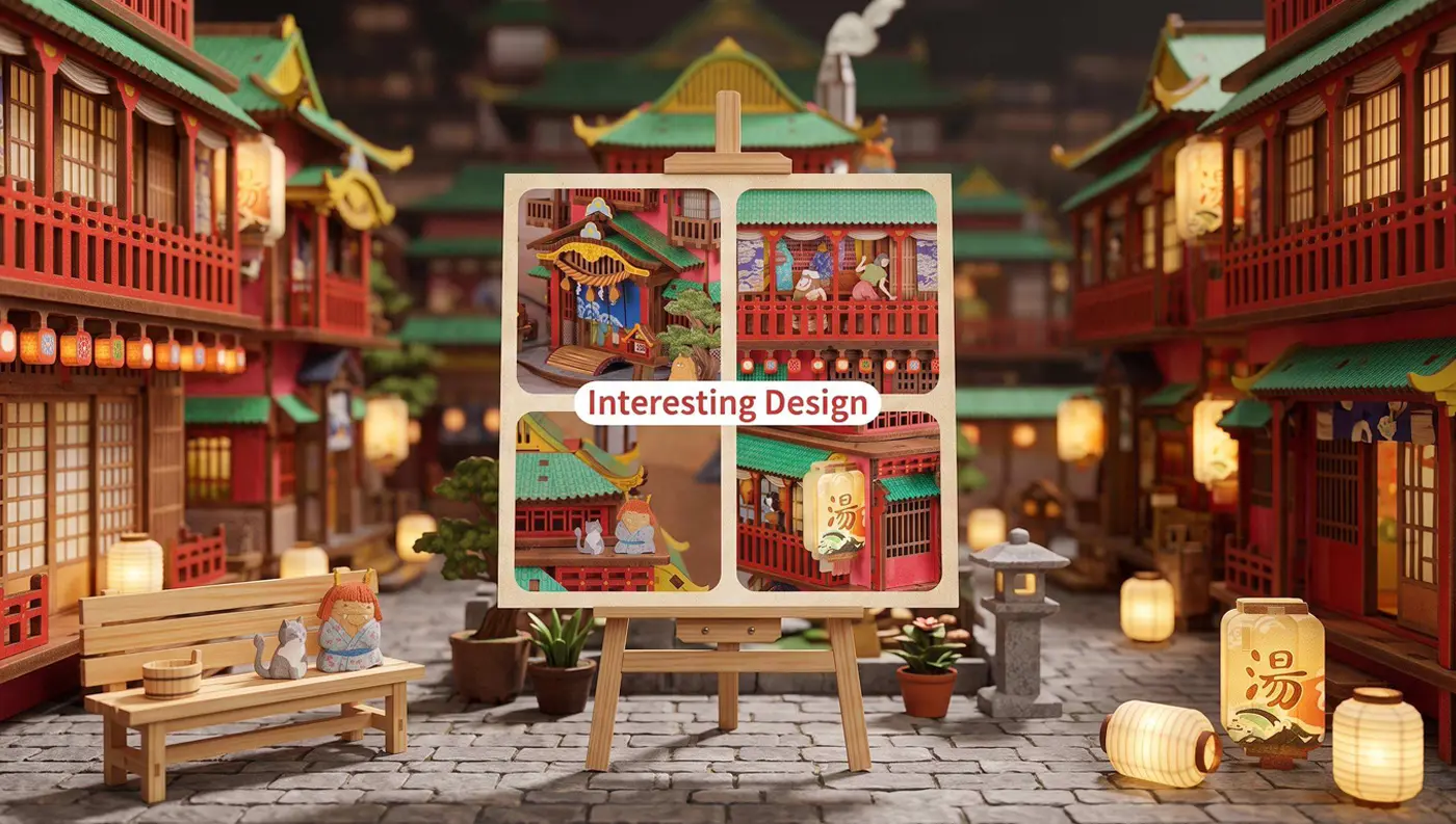 Koláž 4 detailných záberov na architektúru, lampáše a postavičky s nápisom