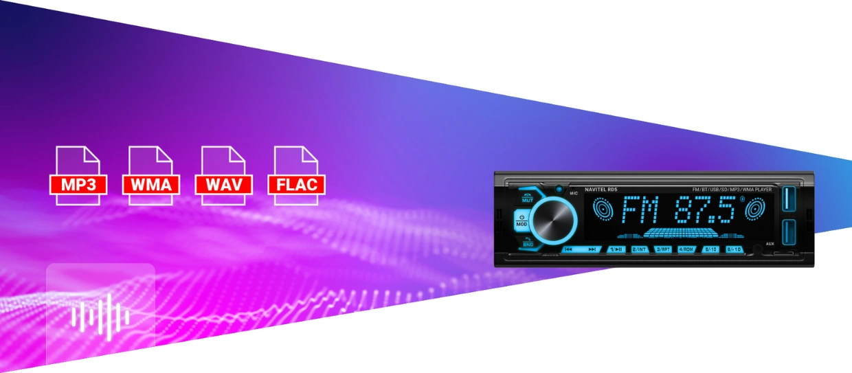 Pripojte USB-ečko či vložte microSD kartu do slotu a autorádio NAVITEL RD5 váš MP3 výber sa začne automaticky prehrávať.