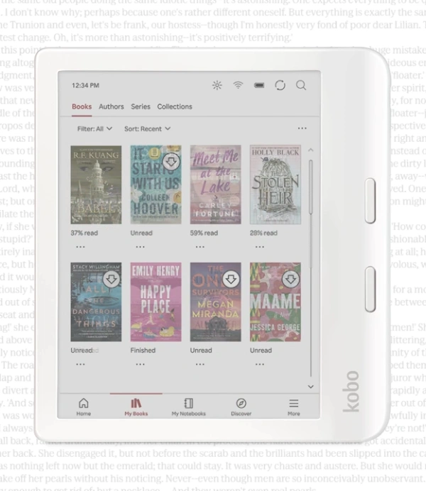 Č&iacute;tačka elektronick&yacute;ch kn&iacute;h Kobo Libra Colour na pozad&iacute; s jemn&yacute;m p&iacute;smom, na obrazovke zobrazuje knihy s farebn&yacute;mi ob&aacute;lkami v obchode Kobo Store.