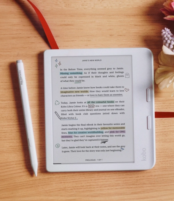 Čítačka kníh Rakuten Kobo Libra Colour White je kompatibilná s Kobo Stylus 2, aby ste si mohli robiť poznámky.