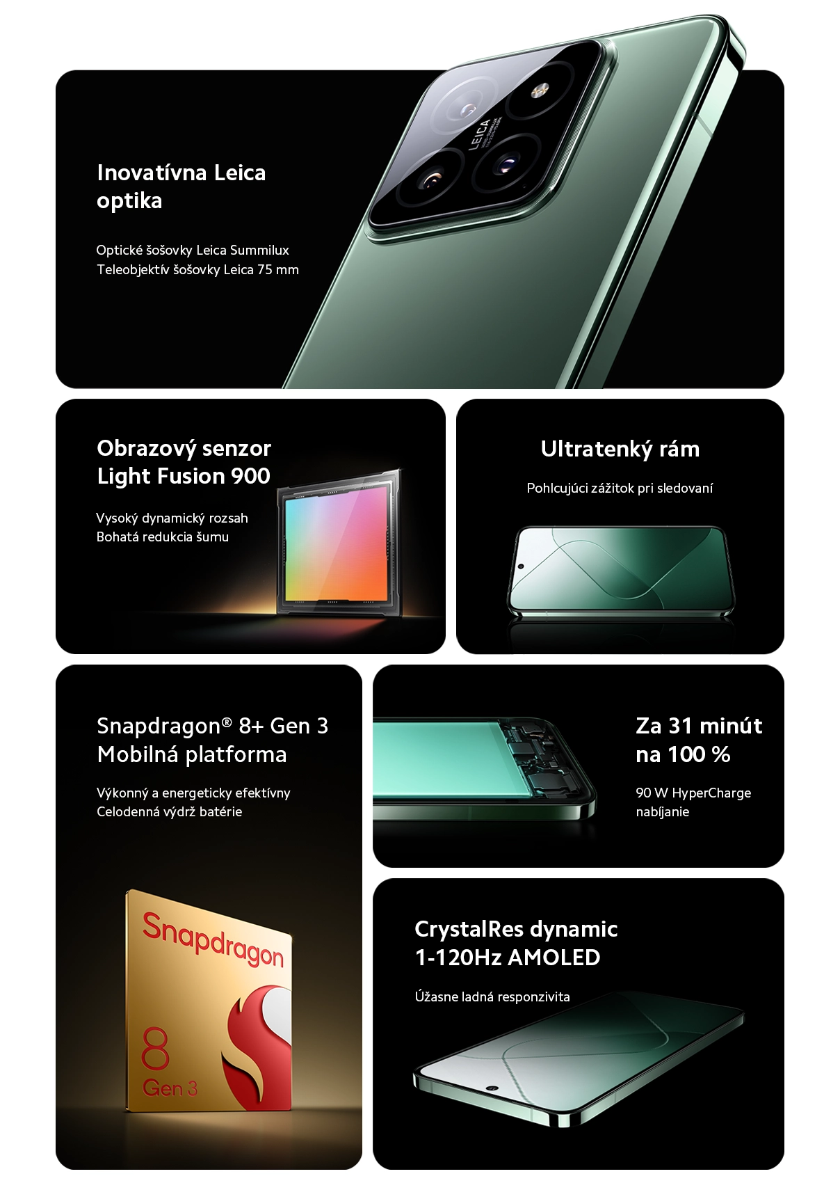 Mobilný telefón Xiaomi 14 Green USP koláž